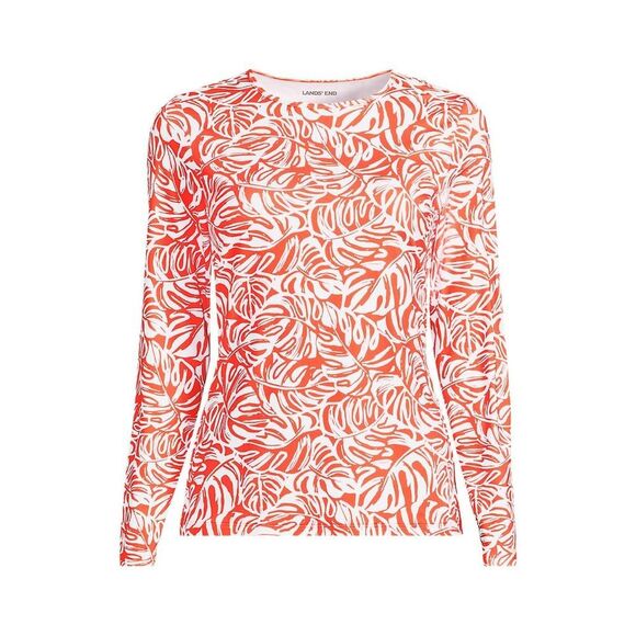 Land's End long sleeve swim tee rashguard, orange mini tropic leaves size large - Picture 1 of 5